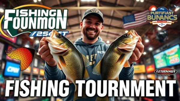 Fisherman holding bass in a fishing tournament marketing poster.