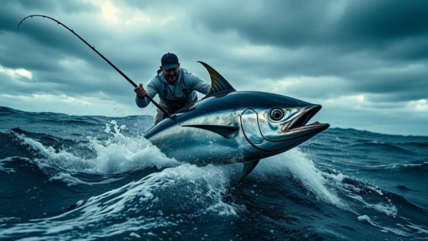 Fisherman in stormy sea battling bluefin tuna, fishing news highlight.