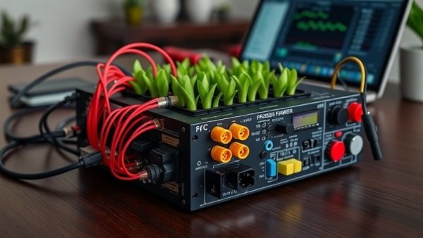 Precision farming technology with connectors and laptop on a table.