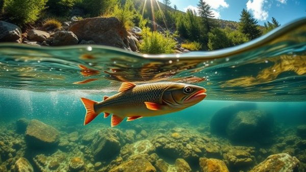 Vibrant mountain stream with fish showcasing roadless fishing areas.