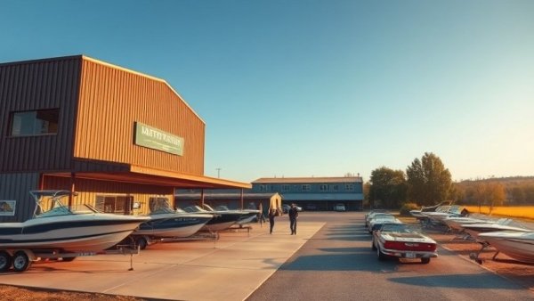 Boat dealership in New Braunfels with boats on display, clear sky.