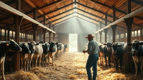 Farmer in sunlit barn maintaining cattle environment, safety focus.