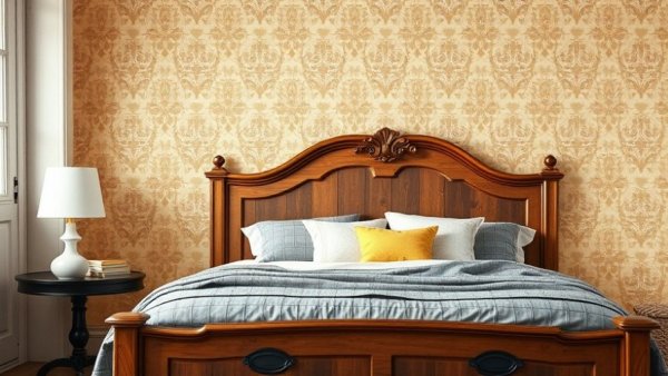 Elegant bedroom with vintage wood bed and patterned wallpaper, trending wallpaper for farm home.