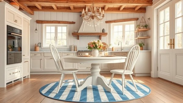 Rustic kitchen setting with playful stripes.
