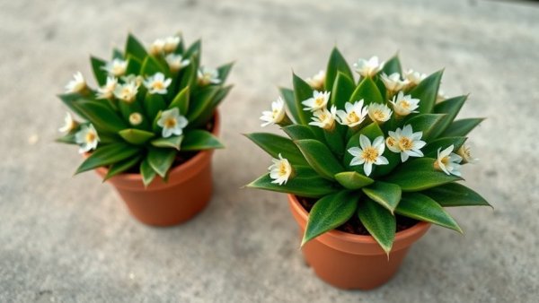 Spring cactus care: two potted cacti in bloom on concrete.