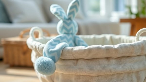 Chevron bunny on fabric basket in daylight