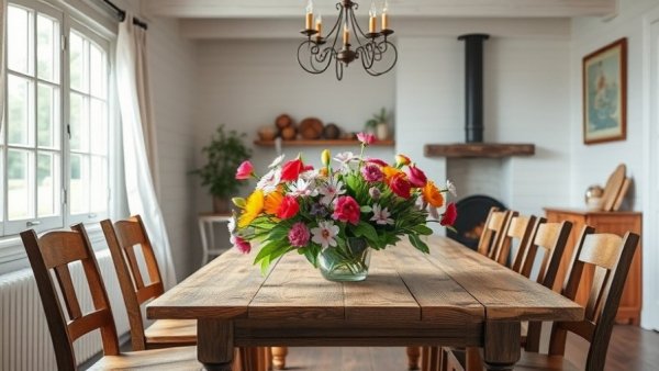 Rustic dining table with spring blooms in a cozy farmhouse.