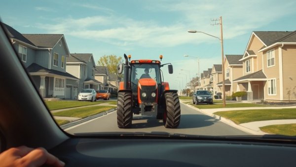 Car following tractor at 35 mph on suburban street.
