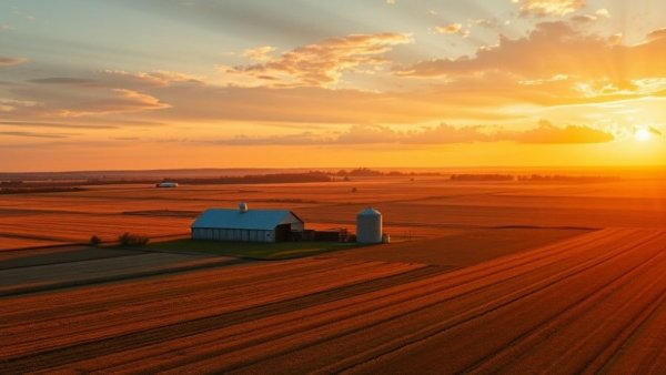 Aerial view of sprawling farmland during sunset, emphasizing 4-H Alberta scholarships opportunities.