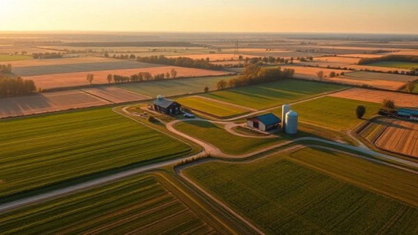 Aerial view of rural farmland in Alberta at sunset.