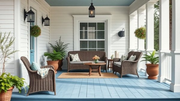 Inviting craftsman porch with elegant seating and decor.