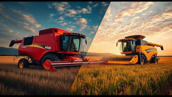 Precision farming machinery in action: Red and yellow harvesters in a field.