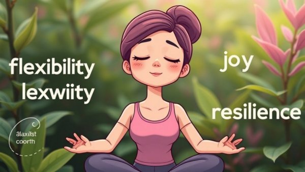 Colorful meditation cartoon with words of positivity and growth.