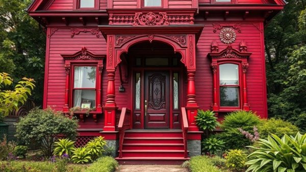 Victorian architecture of a red house with ornate porch details.