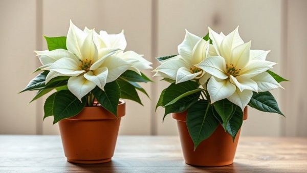 Vibrant white poinsettias in terracotta pots on a wooden table.