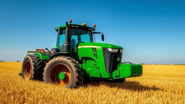 Investigation into Agricultural Manufacturing: green tractor in wheat field.