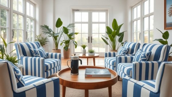 Cozy gathering space with striped armchairs and natural light.