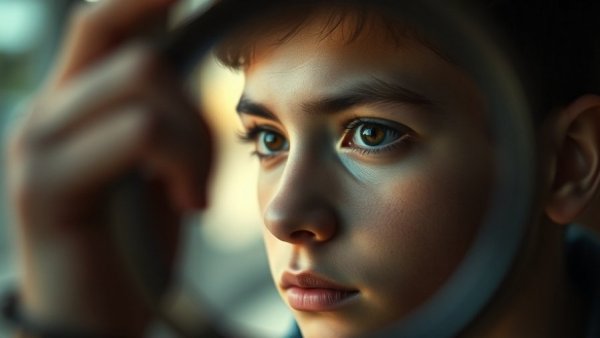 Mindfulness Imposter Syndrome illustration with blurred face and lens.