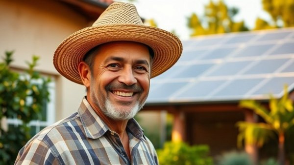 Smiling man in straw hat near building with solar panels, outdoors.