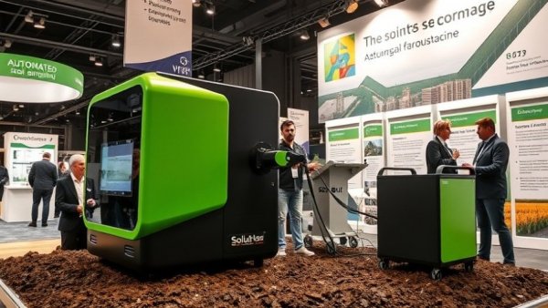 Automated soil sampling machine displayed at trade show.