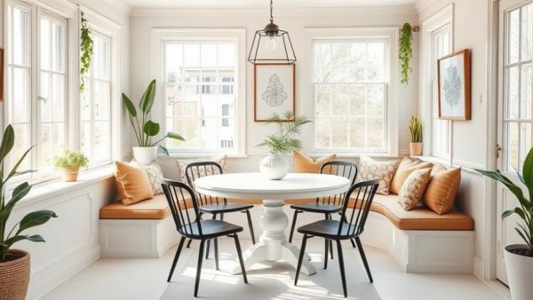 Farmhouse-style dining area with natural light and cozy seating.