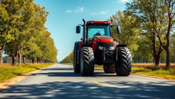 Tractor operating on a rural road in Alberta, surrounded by trees.