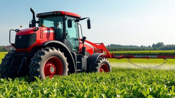Precision farming with red tractor spraying in lush field.