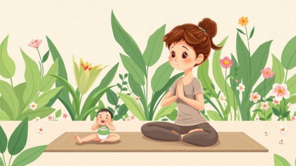 Illustration of benefits of teaching yoga to children with woman and child practicing.