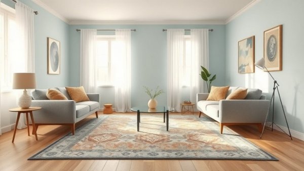 Inviting living room with vintage patterned rug and cozy decor.