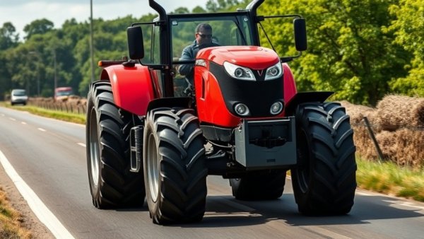 Operating farm equipment in B.C., red tractor driving on rural road.