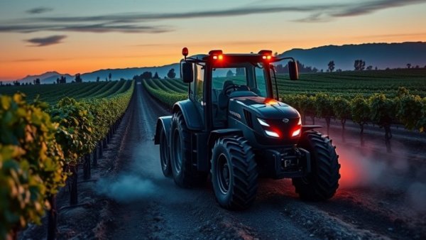 Futuristic tractor in a vineyard for precision farming.