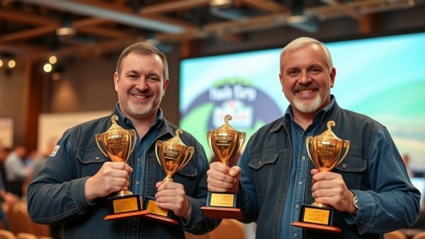 Award-winning farmers at family farms event with trophies.