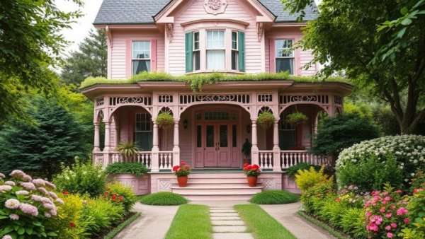 Charming pink home for farm families with lush garden.