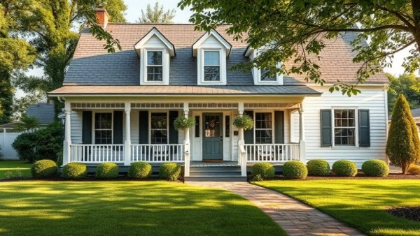 Charming renovated farmhouse with inviting facade and lush lawn.