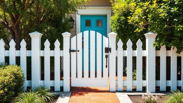 Charming picket fence gate idea with turquoise door and lush greenery.