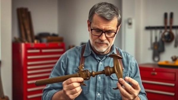Middle-aged man inspects vintage tool for precision farming in workshop.