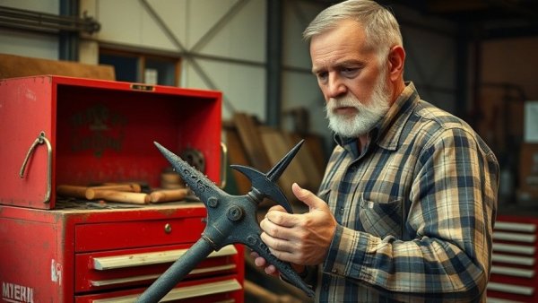 Middle-aged man examines no-till farming tool in workshop