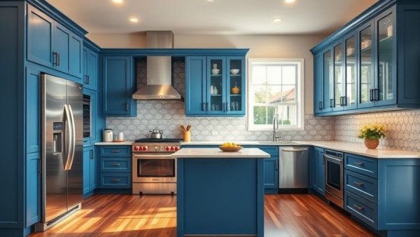 Elegant custom blue kitchen with modern appliances.