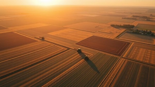 Vast farmland at sunset during harvest highlighting agribusiness.