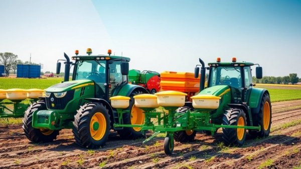 Modern precision farming with tractors and planters in action.