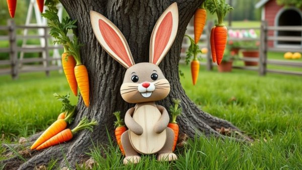 Whimsical wooden bunny with carrots in farm yard.