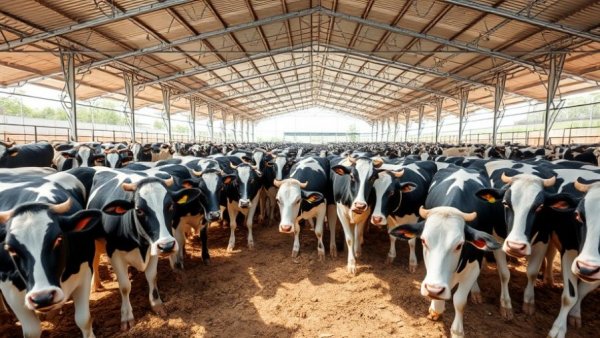 Black and white cows feeding in a modern barn, LRP participation in cattle prices impact.