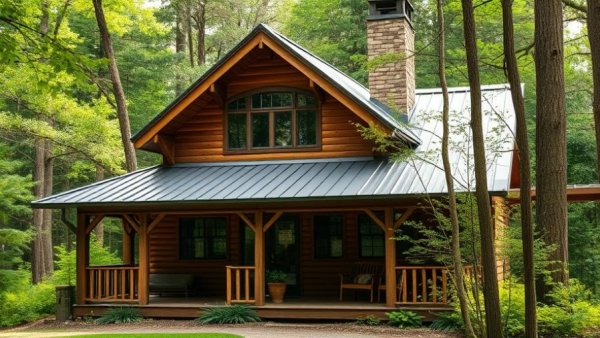 Eclectic cabin design with metal roof in lush green setting.