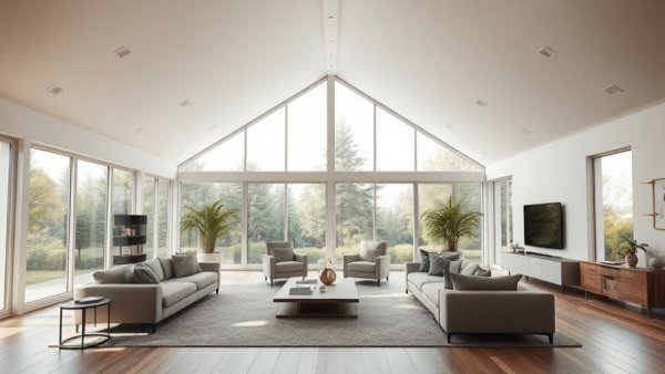 Modern Cape Cod living room with large windows and cozy decor.