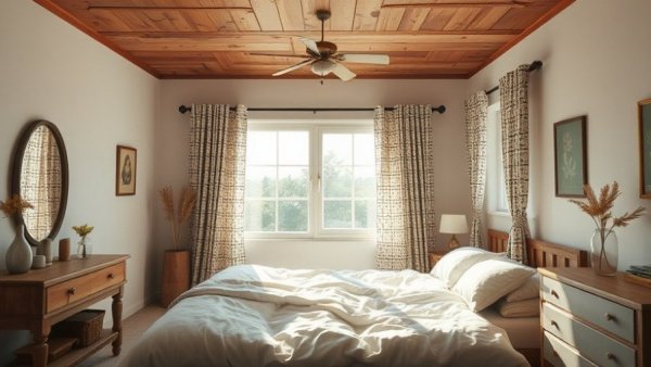 Calming neutral bedroom with wooden ceiling and patterned curtains.