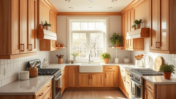 Warm wood kitchen with light wooden cabinets and natural light.