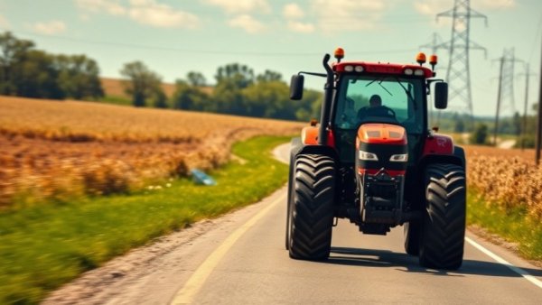 Operating farm equipment on Ohio road with countryside backdrop.