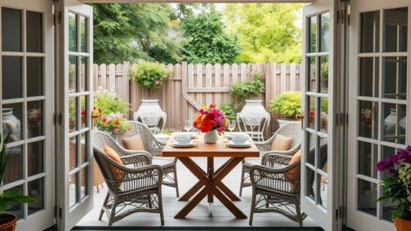 Charming outdoor living space with dining setup and greenery.