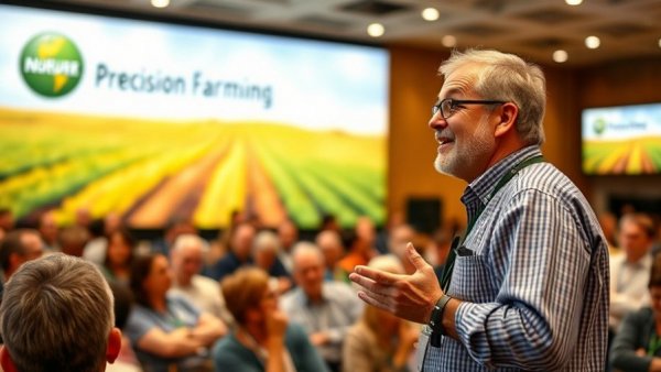 Precision Farming Conference speaker engages audience with agriculture branding.