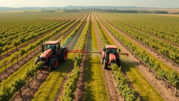 Red tractors in a vineyard demonstrating precision farming techniques.